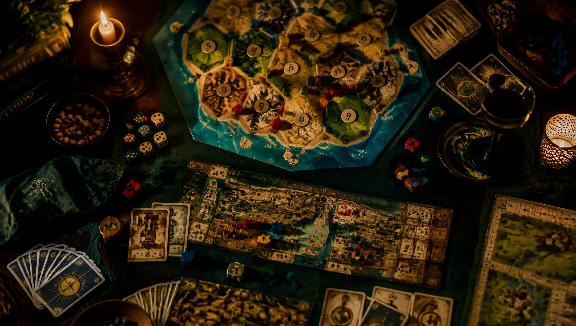 A candlelit table covered with board games, dice, and cards